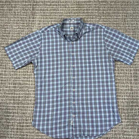Peter Millar Shirt Mens Large Blue Plaid Cotton Pleated Short Sleeve Button Down - Picture 1 of 5